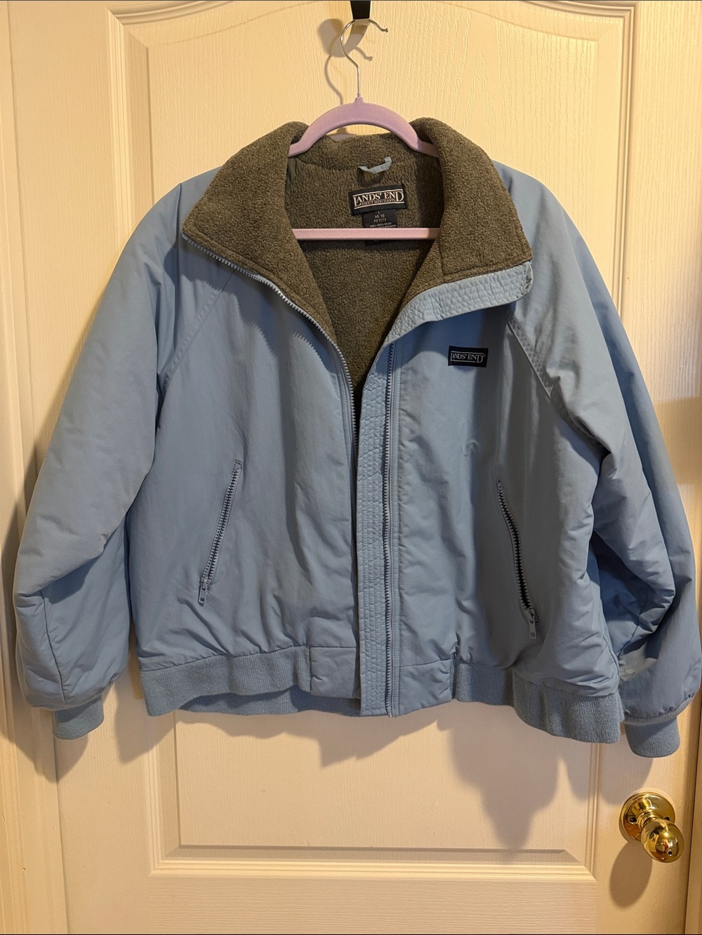 Lands' End Pale Blue Bomber Jacket with gray Fleece Collar